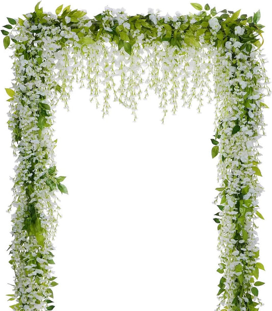 4pcs Wisteria Artificial Flowers Garland, Total 28.8ft White Artificial Wisteria Vine Silk Hanging Flower for Wedding