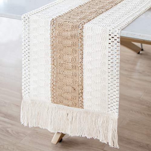 Macrame Table Runners Natural Burlap Table Runner, Splicing Cotton Boho Table Runner with Tassels