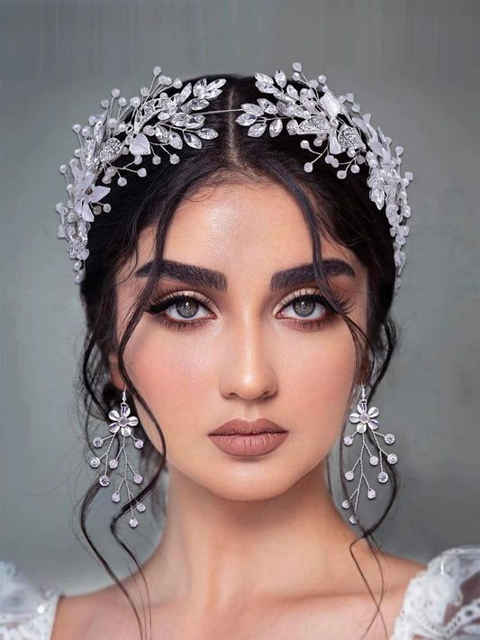 3pcs Rhinestone Flower Decor Bridal Headwear & Jewelry Set