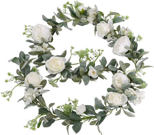 6.3ft Eucalyptus Garland with Flowers, Hydrangea, Peony, Gypsophila, Lambs Ear Greenery Roses Fake Vines for Wedding Table