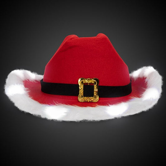 Get into the holiday spirit with our festive LED Santa Claus Cowboy Hat. This vibrant red hat, accented with snowy white maribou trim, blends festive yuletide charm with classic cowboy flair.