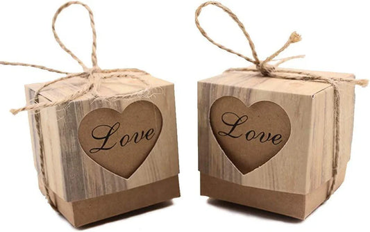 Candy Boxes,100pcs Wedding Favor Boxes,Love Kraft Bonbonniere Paper Boxes with Burlap Jute Twine