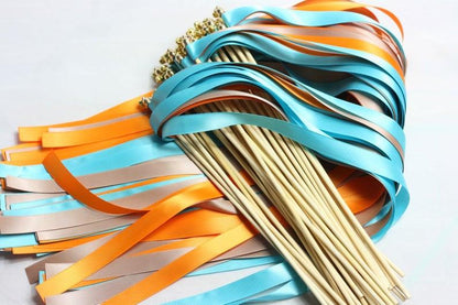 Misty Turquoise Wedding Wands with Triple Ribbon and Bell, Wand Streamers, Ribbon Sticks