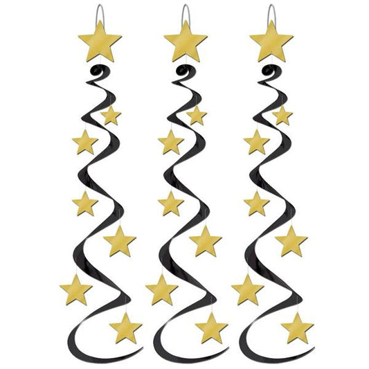 Black & Gold Star Whirl Decorations (3 Per pack)