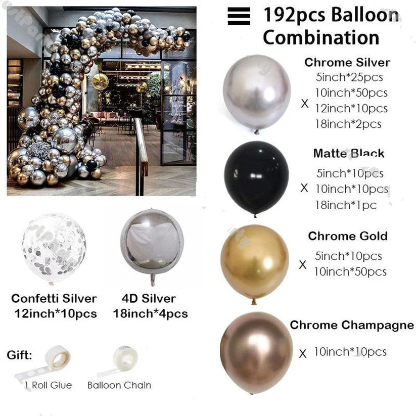 192pcs Chrome Silver Gold Champagne Matte Black Balloon Garland Arch Kit Wedding Supplies Birthday Party