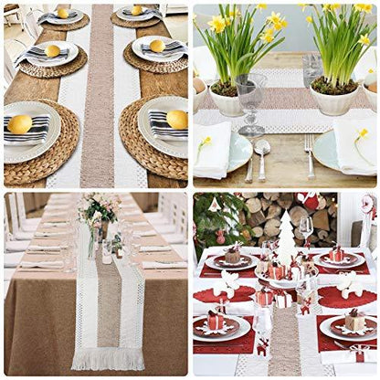 Macrame Table Runners Natural Burlap Table Runner, Splicing Cotton Boho Table Runner with Tassels