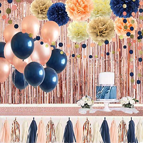 32 Pack Navy Blue Rose Gold Party Decoration Kit, Navy Rose Gold Balloons, Curtains, Paper Flowers, Tassel and Garland