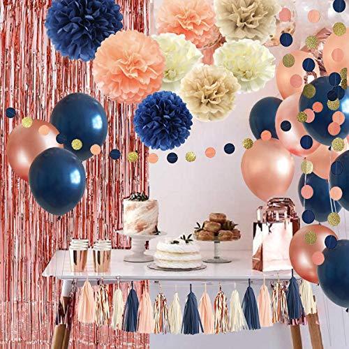 32 Pack Navy Blue Rose Gold Party Decoration Kit, Navy Rose Gold Balloons, Curtains, Paper Flowers, Tassel and Garland