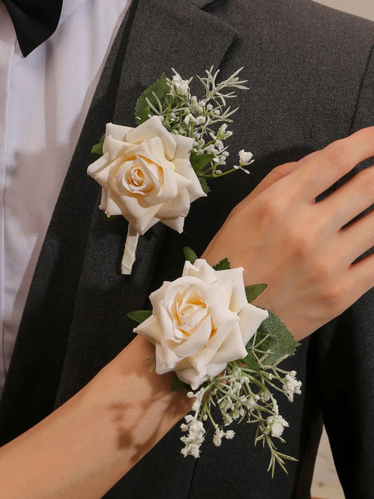 2pcs Flower Decor Boutonniere & Wrist Corsage