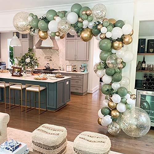 127PCS Olive Green Balloon Garland Arch Kit White Gold Confetti Balloons Retro Green Balloon and Gold Metallic Chrome Latex Balloons Set