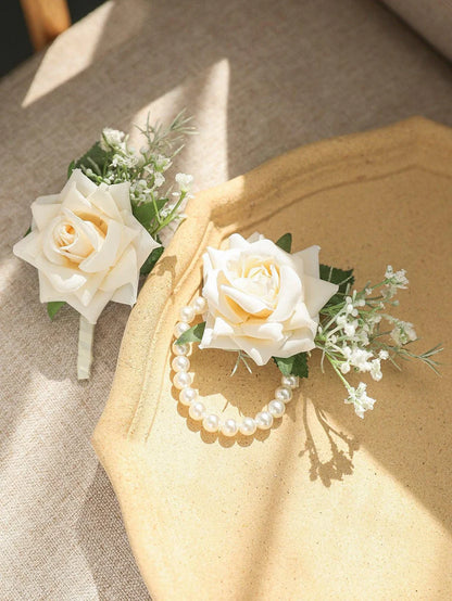 2pcs Flower Decor Boutonniere & Wrist Corsage