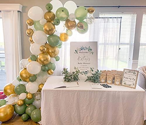 127PCS Olive Green Balloon Garland Arch Kit White Gold Confetti Balloons Retro Green Balloon and Gold Metallic Chrome Latex Balloons Set