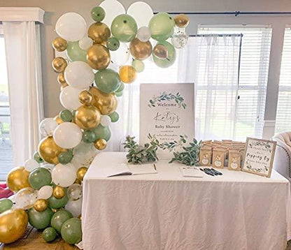 127PCS Olive Green Balloon Garland Arch Kit White Gold Confetti Balloons Retro Green Balloon and Gold Metallic Chrome Latex Balloons Set