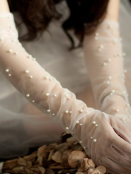 Faux Pearl Decor Bridal Gloves