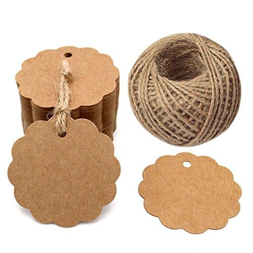 100PCS Brown Craft Scalloped Paper Gift Tags with 100Feet Natural Jute Twines for Birthday Party, Wedding Decoration Gifts, Arts & Crafts