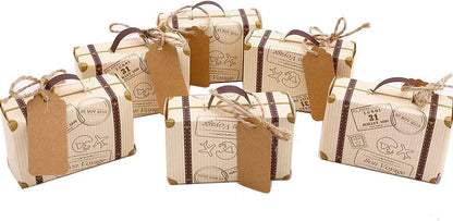 50pcs Mini Suitcase Favor Boxes, Party Favor Candy Box, Vintage Kraft Paper with Tags and Burlap Twine for Wedding