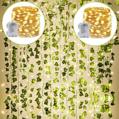 24Pack Artificial Ivy Garland Fake Plants with 160 LED String Light for Wedding Party Garden Outdoor Greenery Wall Decoration