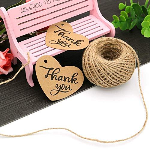 100PCS Thank You Tags 2.6" X 2" Kraft Paper Gift Tags with 100 Feet Natural Jute Twine Perfect for Valentine's Day,Baby Shower,Wedding Party Favor