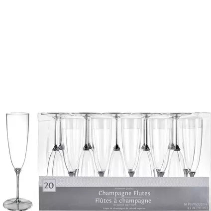 Clear Premium Plastic Champagne Flutes with Silver Stems, 4.5oz, 20ct