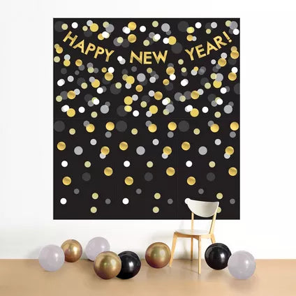 Black, Silver & Gold Happy New Year Plastic Scene Setter, 8.3ft x 9ft