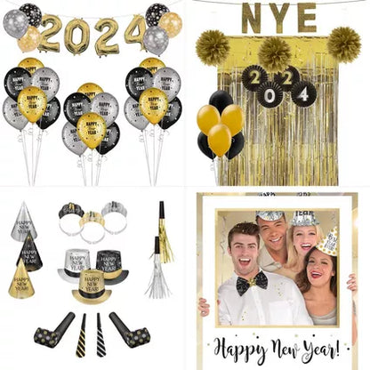 Black, Silver, & Gold New Year's Eve 2024 Decorating & Accessory Kit for 200 Guests