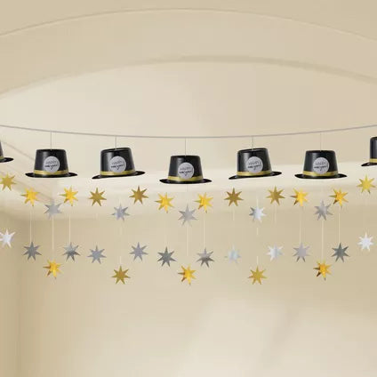 Black, Silver & Gold Top Hat New Year's Eve Garland, 12ft