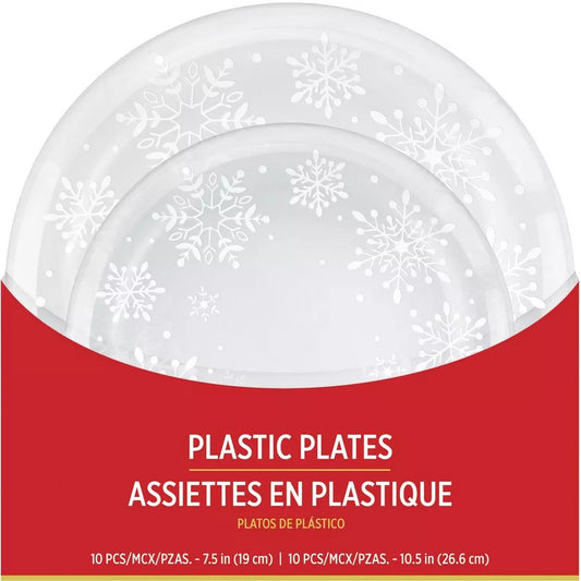 Dancing Snowflakes Clear Plastic Dinner (10.5in) & Dessert (7.5in) Plates, 20ct