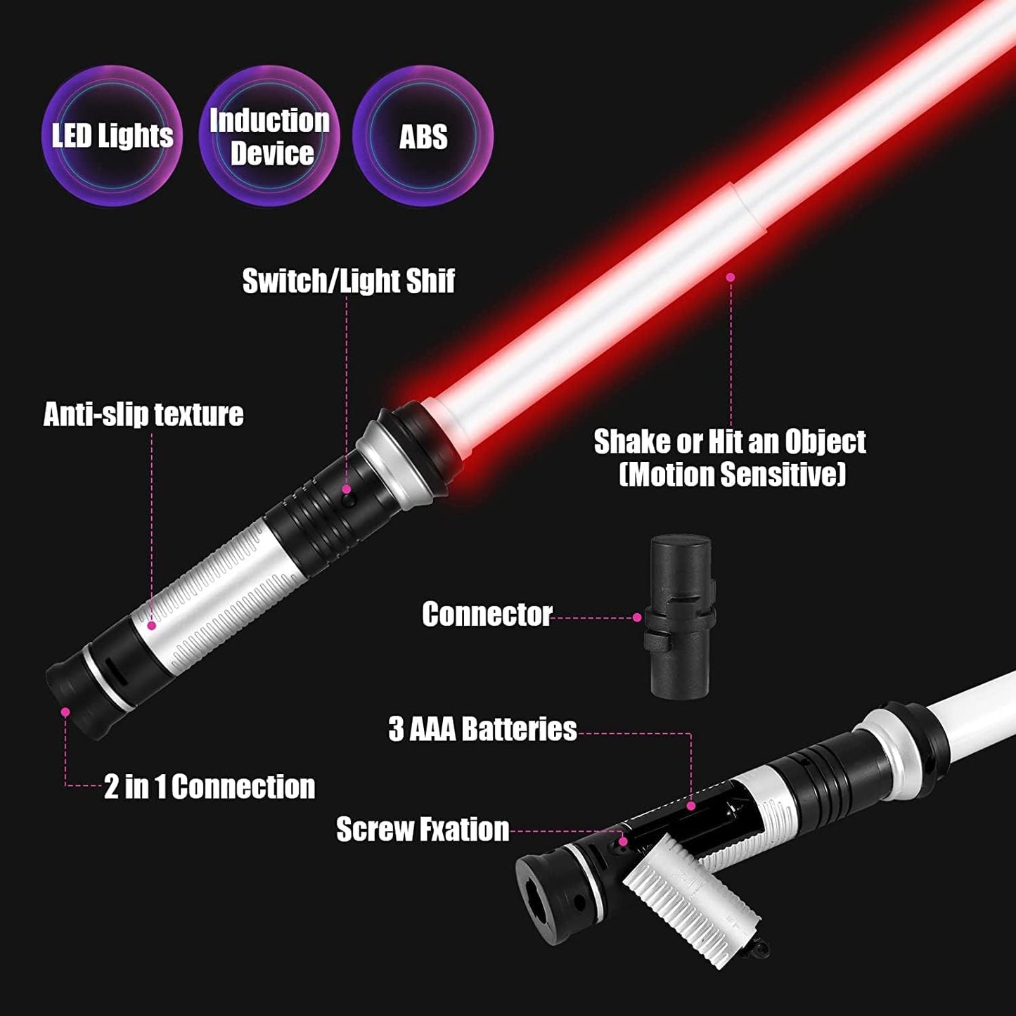 Sound Retractable 7 Colors Light Saber Sword For Kids (2 Per Pack)