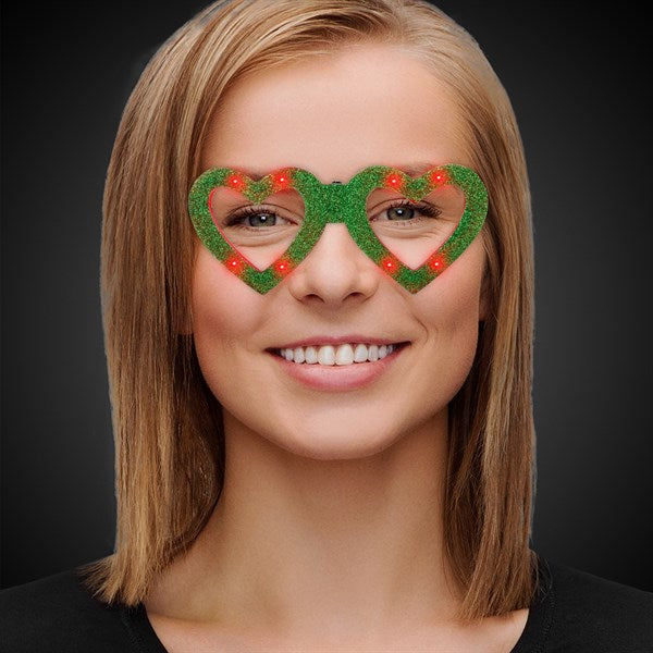 LED Green Heart Glitter Glasses