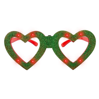 LED Green Heart Glitter Glasses