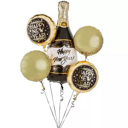 Vintage New Year's Eve Bubbly Foil Balloon Bouquet, 5pc