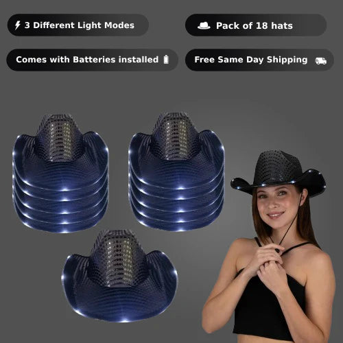 Light Up LED Flashing Sequin Black Cowboy Hat - Pack of 18 Hats