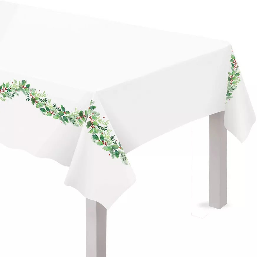 Traditional Holly Christmas Plastic Table Cover, 54in x 84in