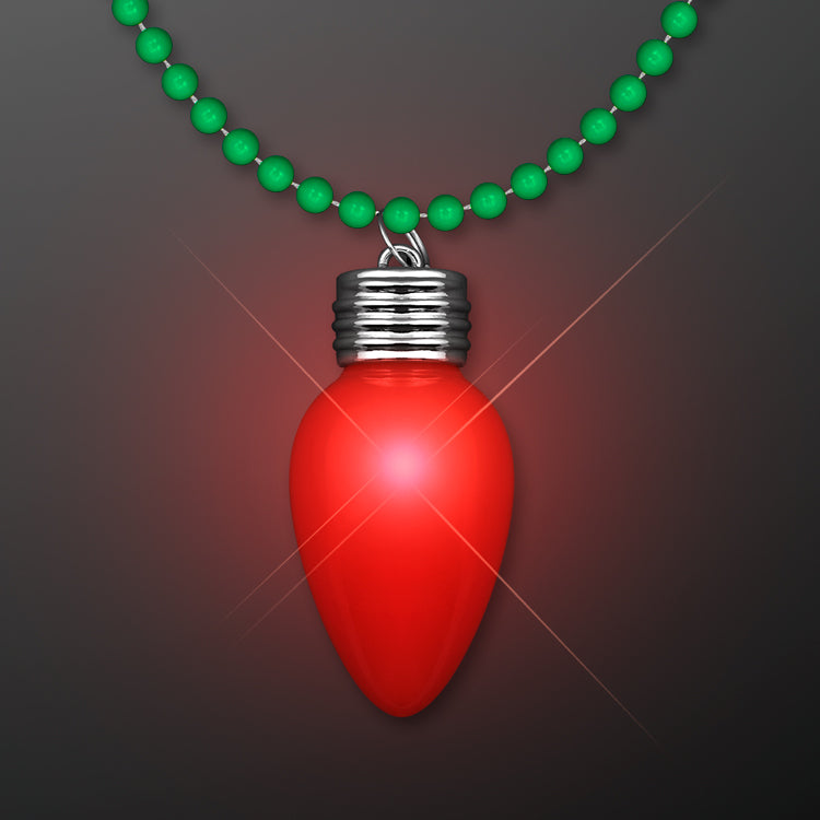 Christmas Light Necklace, Blinking Red Bulb on Green Beads