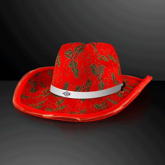 CHRISTMAS COWBOY HATS, HOLLY & LIGHTS WITH WHITE BAND