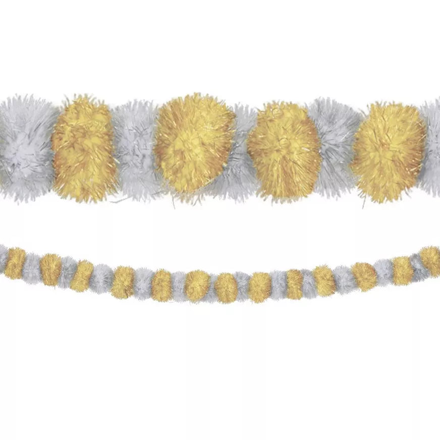 Gold & Silver Christmas Tinsel Pom-Pom Garland, 9ft