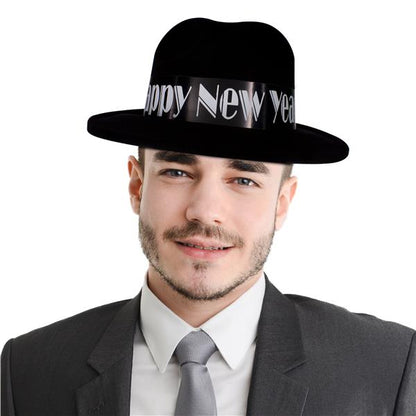 New Year Black Velour Gangster Fedora Hats (12 Per pack)