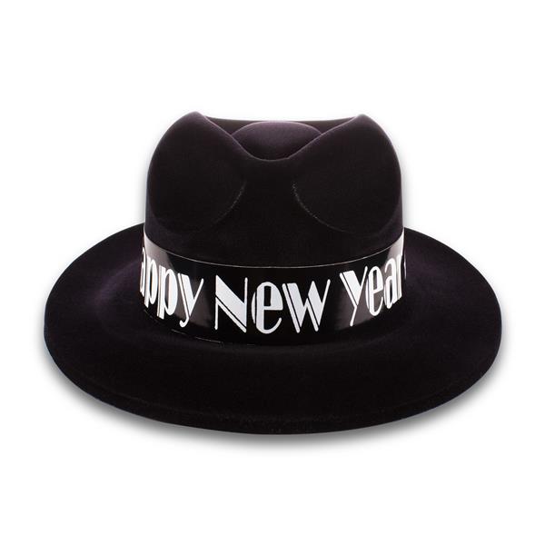 New Year Black Velour Gangster Fedora Hats (12 Per pack)