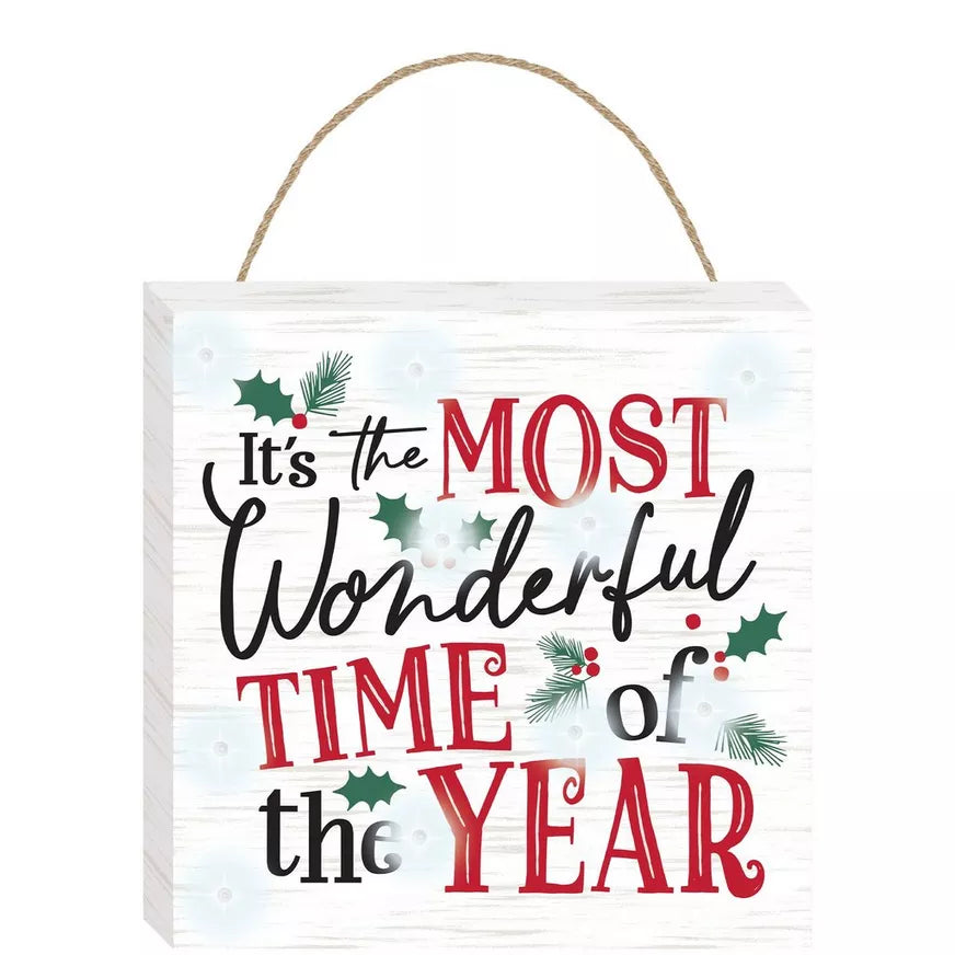 Light-Up Most Wonderful Time Christmas MDF Sign, 11.7in x 11.7in