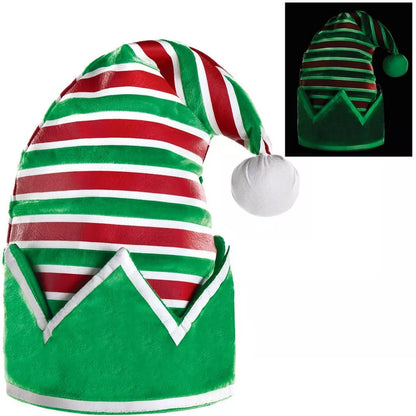 Glow-in-the-Dark Red & Green Adjustable Striped Elf Hat for Kids & Adults, 15in