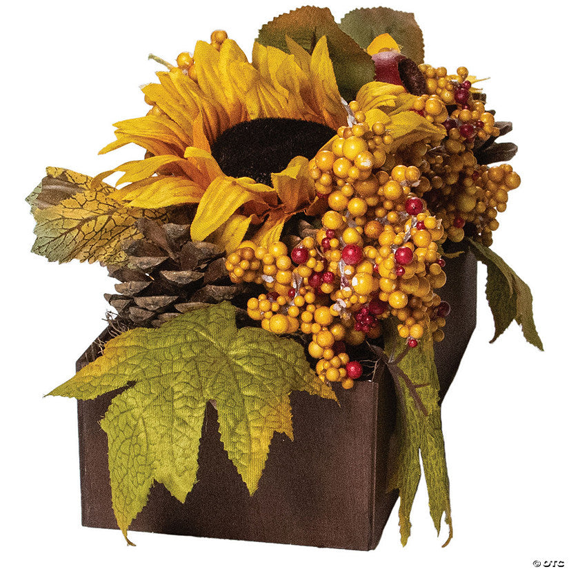 Northlight 10" Yellow and Brown Sunflowers and Leaves Fall Harvest Floral Arrangement