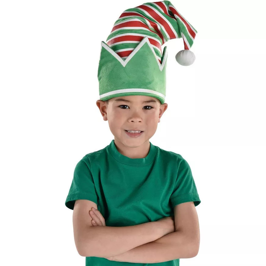 Glow-in-the-Dark Red & Green Adjustable Striped Elf Hat for Kids & Adults, 15in