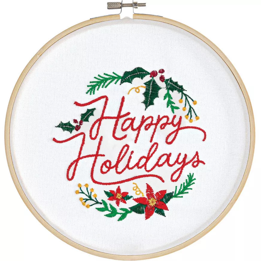 Embroidered Happy Holidays Hoop Sign, 7.87in