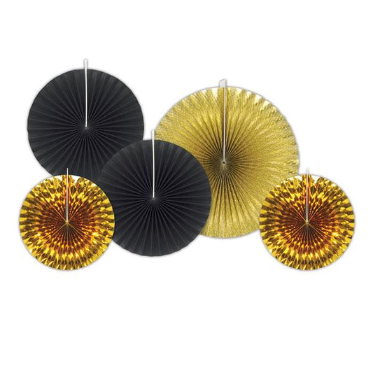 Black & Gold Fan Decorations (5 Per pack)