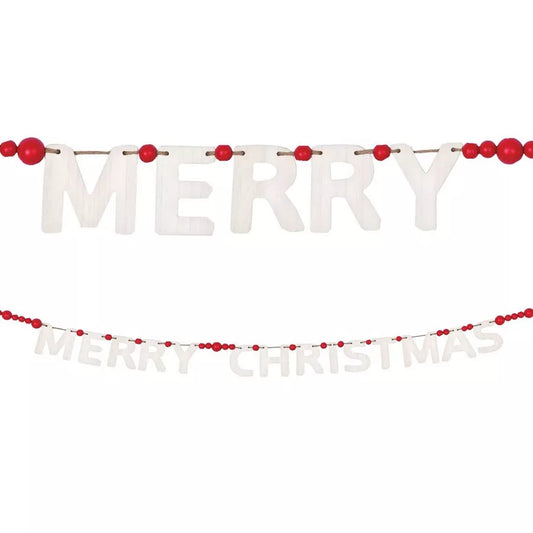 Red Bead & White Letter Merry Christmas Wood Banner, 10ft