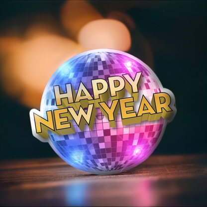 "Happy New Year" Disco Ball Blinkies on Black String Lanyard