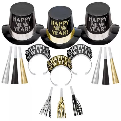 Kit for 10 - Midnight Elegance - Black, Gold & Silver New Year's Eve Party Kit, 20pc