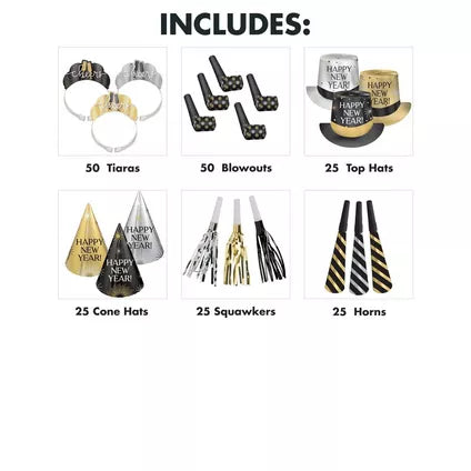 Kit for 100 - Black, Silver, & Gold Cheers New Year's Eve Party Kit, 200pc