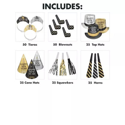 Kit for 100 - Black, Silver, & Gold Cheers New Year's Eve Party Kit, 200pc