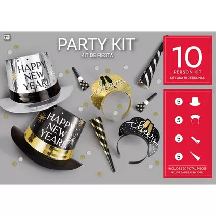 Kit for 10 - Black, Silver, & Gold Toast in Top Hats New Year's Eve Party Kit, 20pc